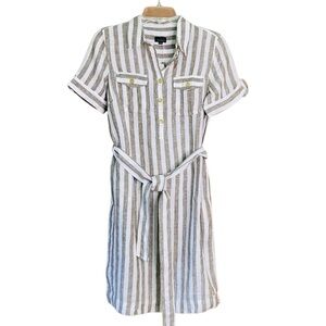 Talbots 100% Linen Utility Belted Shirtdress Button Front Pockets Stripe(Size 2)